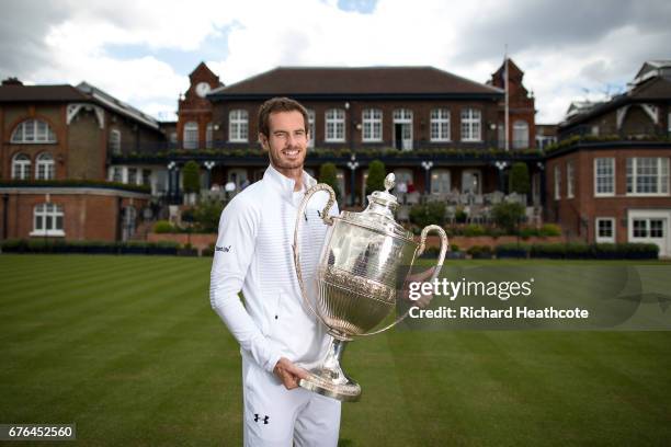 Andy Murray of Great Britain poses with the Aegon Championships trophy on May 2, 2017 in London, England. Murray won the trophy for a record fifth...