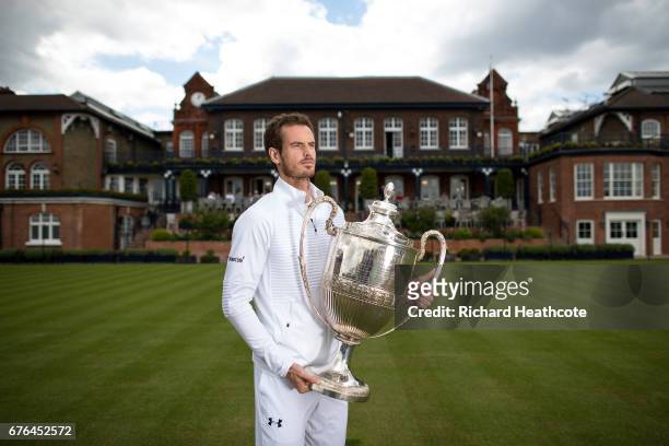 Andy Murray of Great Britain poses with the Aegon Championships trophy on May 2, 2017 in London, England. Murray won the trophy for a record fifth...