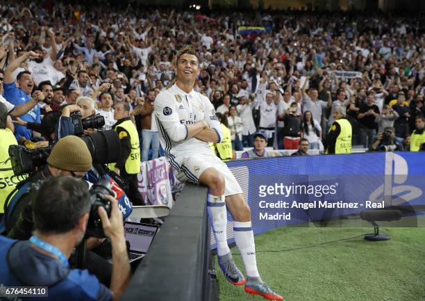 Cristiano Ronaldo of Real Madrid celebrates his team's second goal during the UEFA Champions League Semi Final first leg match between Real Madrid CF...