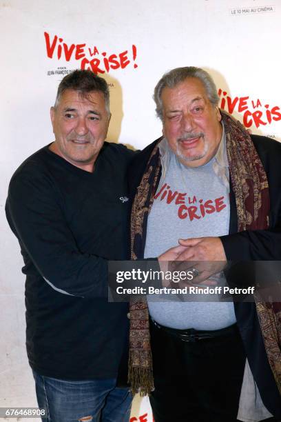 Actors Jean-Marie Bigard and Jean-Claude Dreyfus attend the "Vive la Crise" Paris Premiere at Cinema Max Linder on May 2, 2017 in Paris, France.