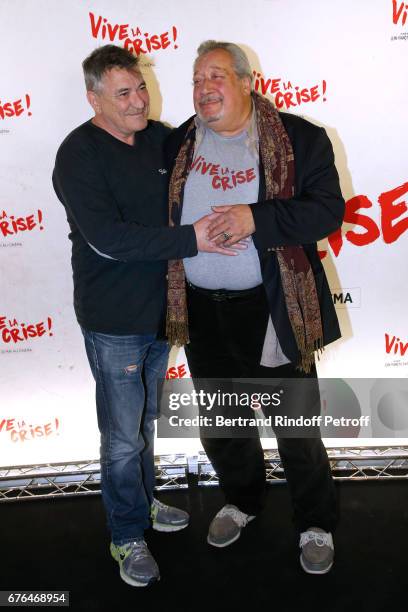 Actors Jean-Marie Bigard and Jean-Claude Dreyfus attend the "Vive la Crise" Paris Premiere at Cinema Max Linder on May 2, 2017 in Paris, France.