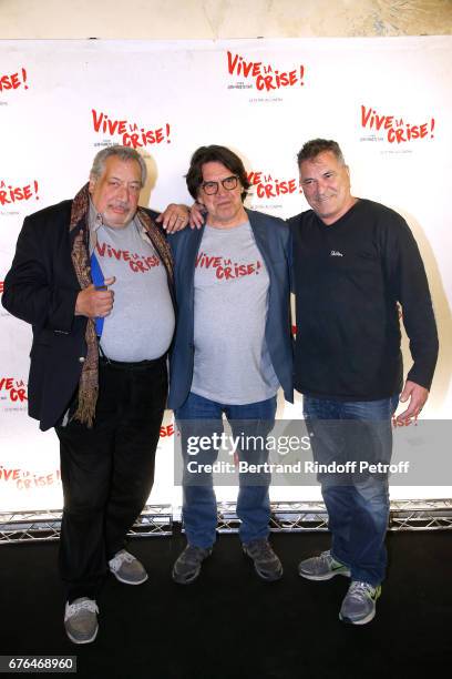 Actor Jean-Claude Dreyfus, Director Jean-Francois Davy and actor Jean-Marie Bigard attend the "Vive la Crise" Paris Premiere at Cinema Max Linder on...