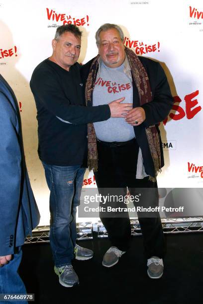 Actors Jean-Marie Bigard and Jean-Claude Dreyfus attend the "Vive la Crise" Paris Premiere at Cinema Max Linder on May 2, 2017 in Paris, France.