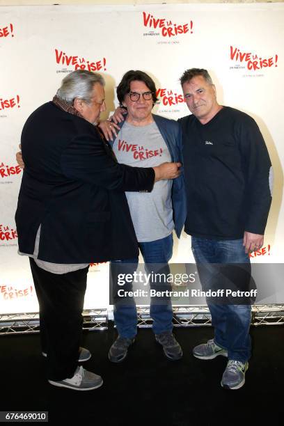 Actor Jean-Claude Dreyfus, Director Jean-Francois Davy and actor Jean-Marie Bigard attend the "Vive la Crise" Paris Premiere at Cinema Max Linder on...