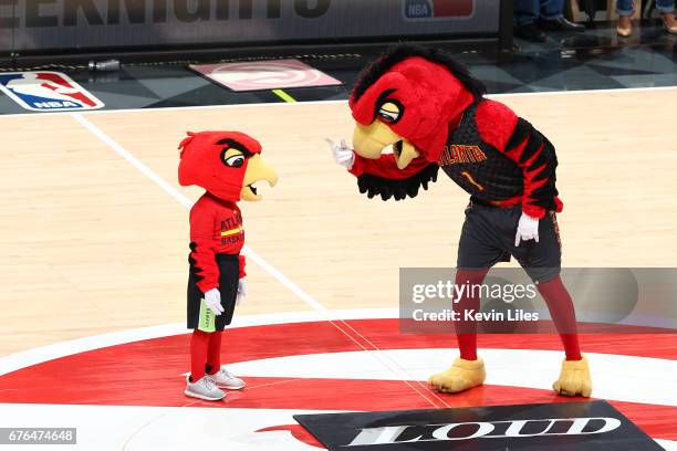 The Atlanta Hawks mascot, Harry the Hawk entertains the crowd during the game against the Washington Wizards in Game Six of the Eastern Conference...