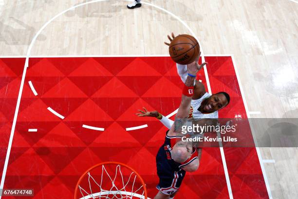 Dwight Howard of the Atlanta Hawks shoots the ball during the game against Marcin Gortat of the Washington Wizards in Game Six of the Eastern...
