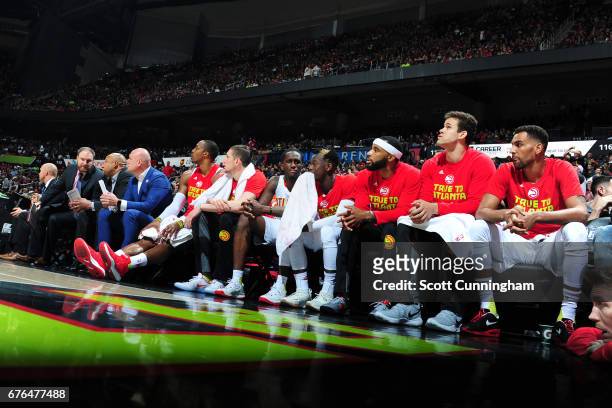 The Atlanta Hawks bench look on during the game against the Washington Wizards during Game Six of the Eastern Conference Quarterfinals of the 2017...