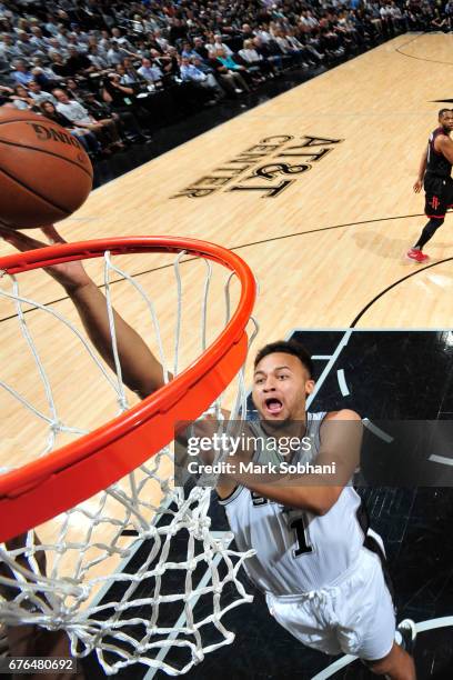 Kyle Anderson of the San Antonio Spurs shoots a lay up during the game against the Houston Rockets during Game One of the Western Conference...