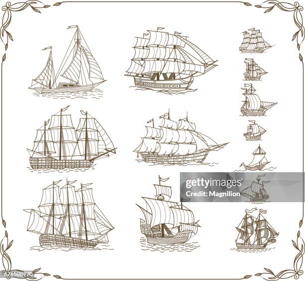 ilustraciones, imágenes clip art, dibujos animados e iconos de stock de conjunto de garabatos de los barcos de vela - tall ship