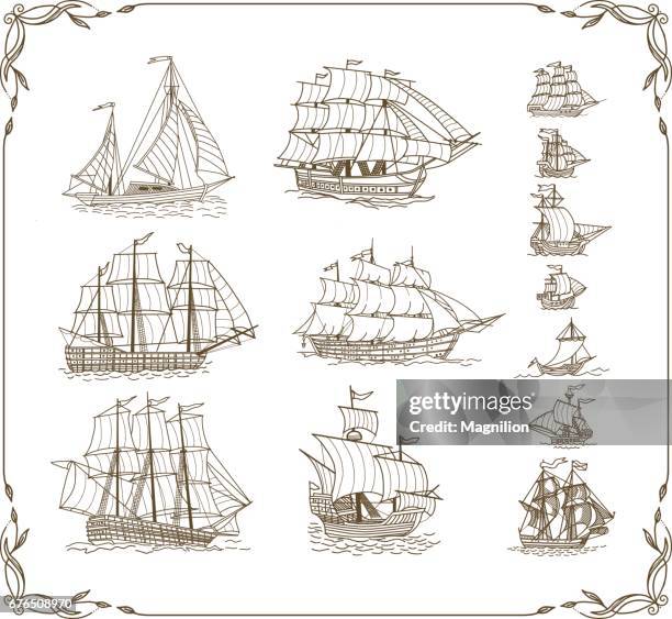 old sailing ships doodles set - old sailing ship clip art stock illustrations