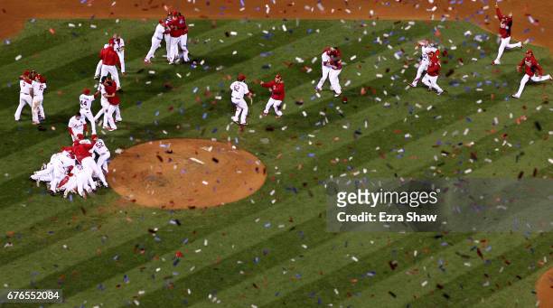 The St. Louis Cardinals celebrate after defeating the Texas Rangers 6-2 to win the World Series in Game Seven of the MLB World Series at Busch...