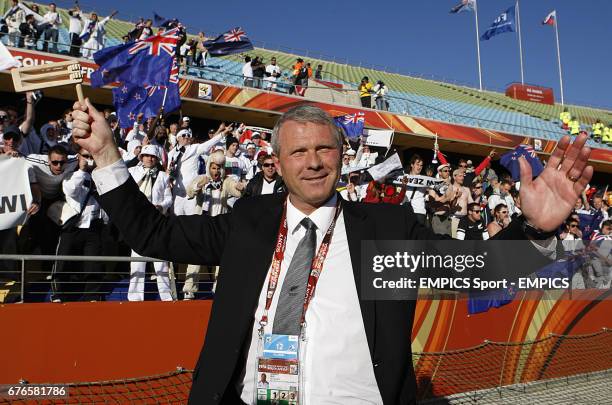 New Zealand's Head Coach Riki Herbert celebrates after the final whistle.