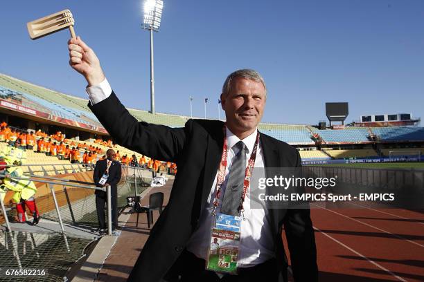 New Zealand's Head Coach Riki Herbert celebrates after the final whistle.