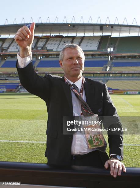 New Zealand's Head Coach Riki Herbert celebrates after the final whistle.