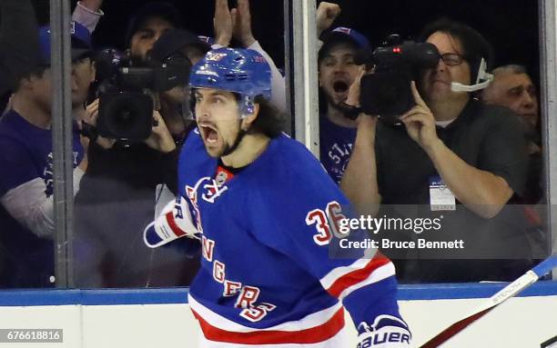 Mats Zuccarello of the New York Rangers celebrates his first-period goal against the Ottawa Senators in Game Three of the Eastern Conference Second...