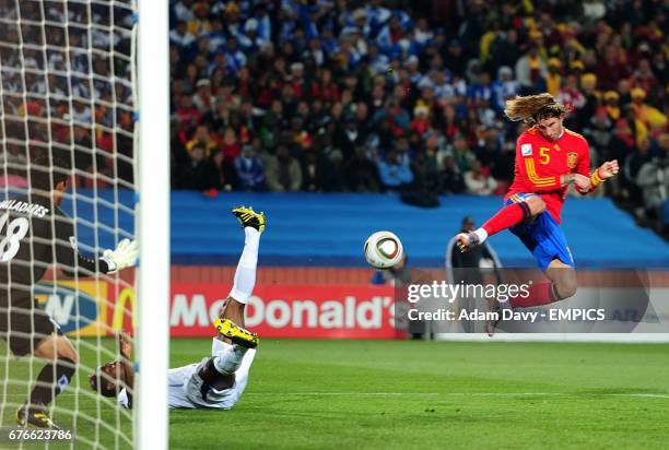 Spain's Garcia Sergio Ramos has a headed attempt on goal