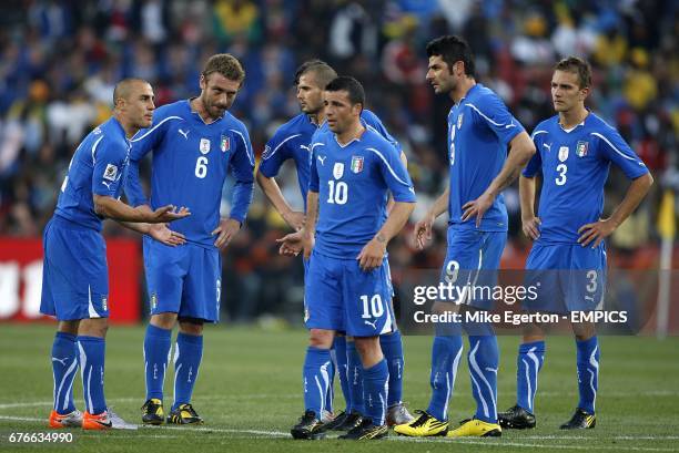 Italy captain Fabio Cannavaro gives words of encouragement to his teammates