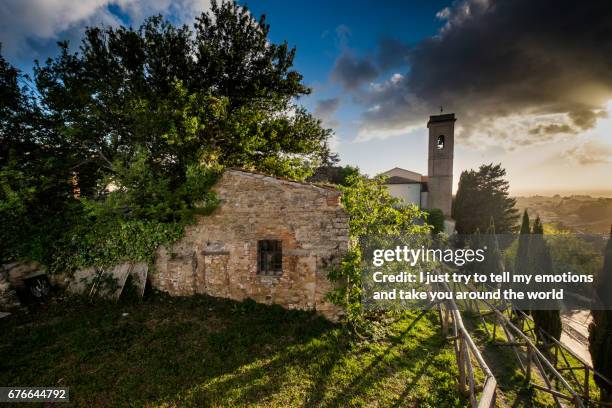 montescudaio, pisa, tuscany, italy, view of the ancient village - italian cypress - fotografias e filmes do acervo