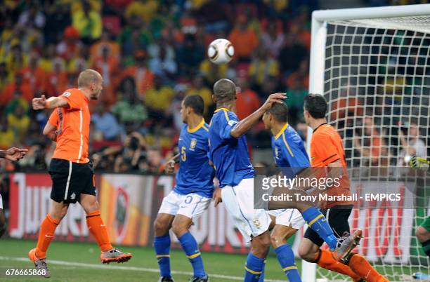 The Netherland's Wesley Sneijder scores his side's second goal of the game