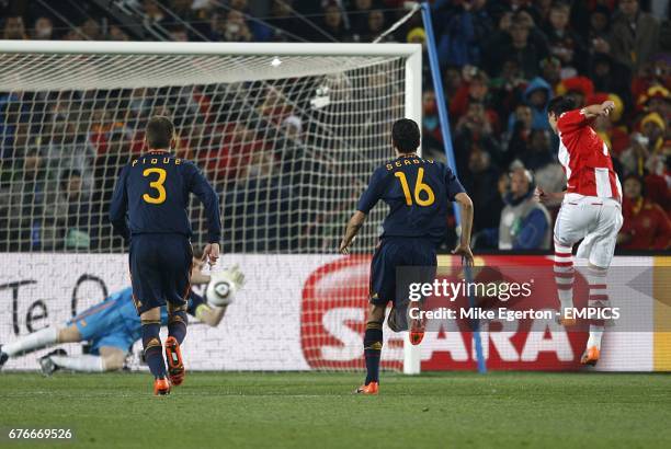 Penalty taken by Paraguay's Oscar Cardozo is saved by Spain's goalkeeper Iker Casillas.