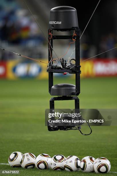 The TV camera is trained on the adidas jabulani official world cup matchballs