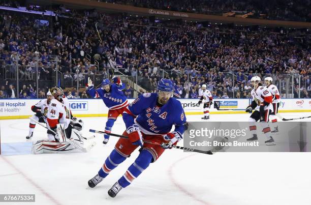 Rick Nash of the New York Rangers celebrates his goal against the Ottawa Senators at 12:21 of the second period in Game Three of the Eastern...