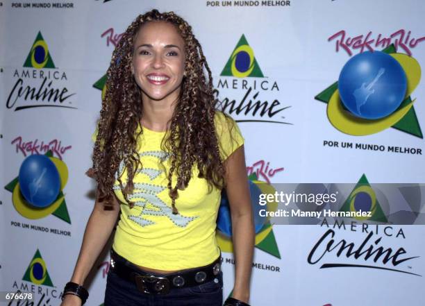 Daniela Mercury poses for photos January 12, 2001 in the VIP tent at the "Rock in Rio" music festival in Rio de Janeiro, Brazil.