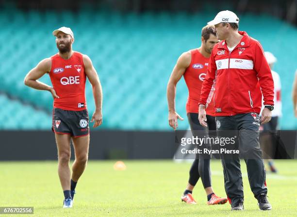 John Longmire, coach of the Swans, speaks to Jarrad McVeigh of the Swans during a Sydney Swans AFL training session at Sydney Cricket Ground on May...