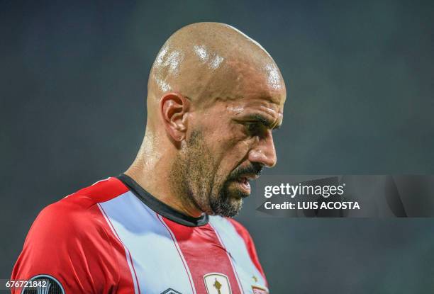 Argentina's Estudiantes de La Plata Juan Sebastián Verón reacts during their Copa Libertadores 2017 football match against Atletico Nacional at the...