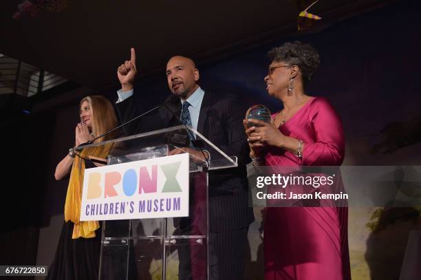 Executive Director Carla Precht, Bronx Borough President Ruben Diaz and President Hope Harley on stage at the Bronx Children's Museum Gala at Tribeca...