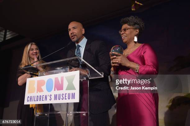 Executive Director Carla Precht, Bronx Borough President Ruben Diaz and President Hope Harley on stage at the Bronx Children's Museum Gala at Tribeca...