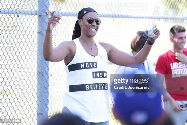 Former WNBA player Chamique Holdsclaw speaks to the crowd at A Day to Change Direction - Laureus USA Service Project on May 2, 2017 in Los Angeles,...
