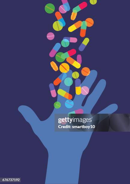 hand reaching for pills - drug addiction icons stock illustrations