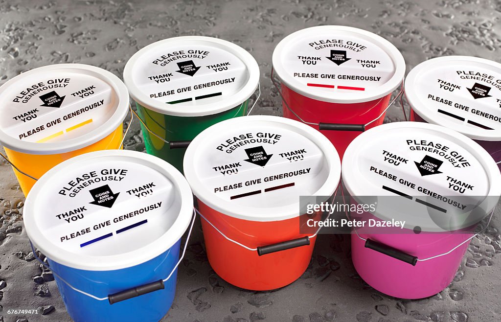 Buckets Embed Collection Of Brightly Coloured Donation Buckets High-Res Stock Photo ...