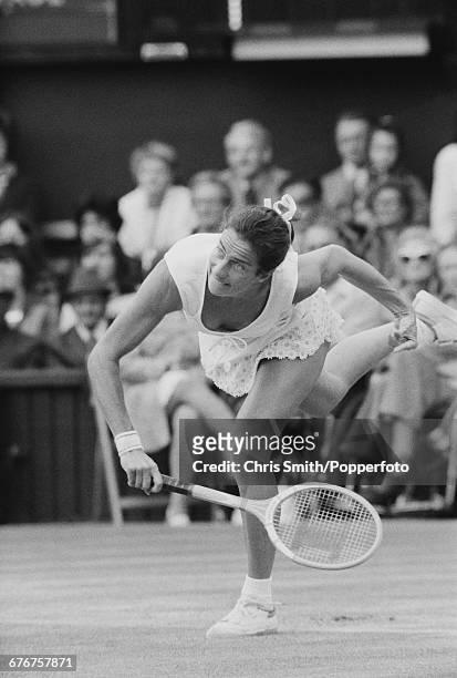 English tennis player Virginia Wade pictured in action during her fourth round match against American tennis player Rosemary Casals before...