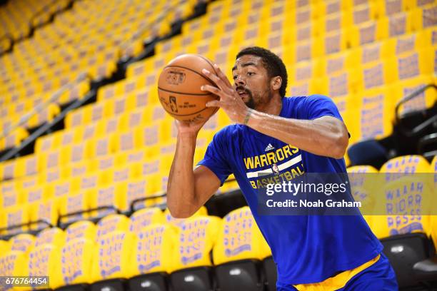 James Michael McAdoo of the Golden State Warriors warms up before the game against the Utah Jazz during Game One of the Western Conference Semifinals...