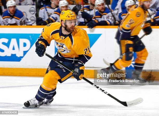 Harry Zolnierczyk of the Nashville Predators skates against the St. Louis Blues during the first period of Game Four of the Western Conference Second...