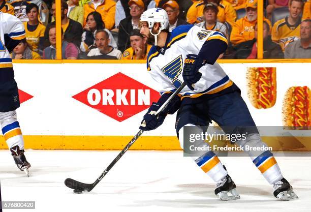 Robert Bortuzzo of the St. Louis Blues skates against the Nashville Predators during the first period of Game Four of the Western Conference Second...