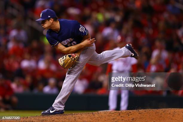 Reliever Jacob Barnes of the Milwaukee Brewers pitches against the St. Louis Cardinals in the sixth inning at Busch Stadium on May 2, 2017 in St....