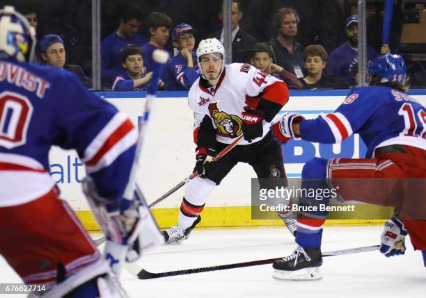 Jean-Gabriel Pageau of the Ottawa Senators skates against the New York Rangers in Game Three of the Eastern Conference Second Round during the 2017...