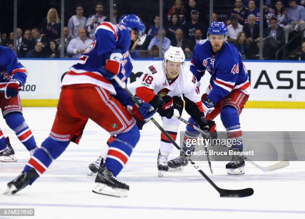 Ryan Dzingel of the Ottawa Senators skates against the New York Rangers in Game Three of the Eastern Conference Second Round during the 2017 NHL...