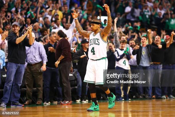 Isaiah Thomas of the Boston Celtics celebrates at the end the Celtics 129-119 overtime win over the Wizards in Game Two of the Eastern Conference...