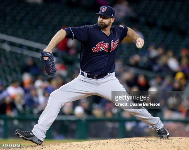 Boone Logan of the Cleveland Indians pitches against the Detroit Tigers during the eighth inning at Comerica Park on May 2, 2017 in Detroit,...