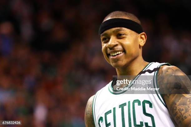 Isaiah Thomas of the Boston Celtics smiles during overtime in the Celtics 129-119 win over the Washington Wizards in Game Two of the Eastern...