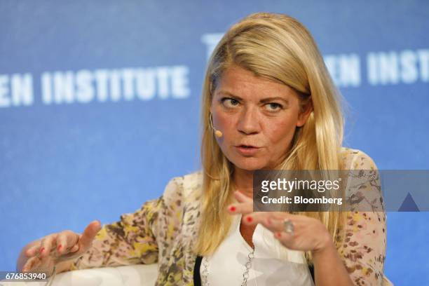 Virginie Morgon, deputy chief executive officer of Eurazeo SA, speaks at the Milken Institute Global Conference in Beverly Hills, California, U.S.,...