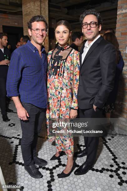 Warby Parker Co-founders Dave Gilboa and Neil Blumenthal and Glossier Founder & CEO Emily Weiss attend cocktails hosted by The Business of Fashion to...