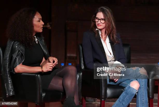 Janet Mock and Jenna Lyons attend Times Talks in Conversation: Sheila Nevins with Gale King, Jenna Lyons and Janet Mock at New York Society for...