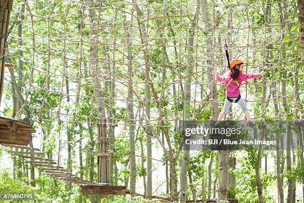 little girl playing in tree top adventure park - strickleiter stock-fotos und bilder