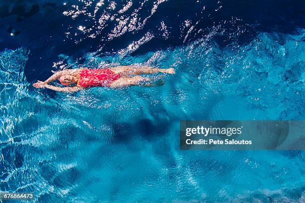 overhead view of woman swimming on back in swimming pool - female swimmer bildbanksfoton och bilder