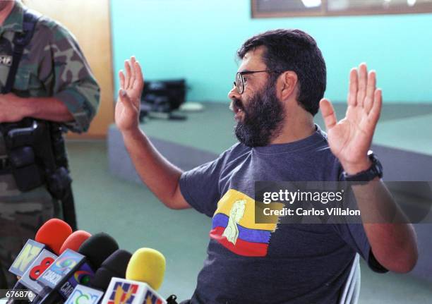 Alfonso Cano, the second in command of The Revolutionary Armed Forces of Colombia, FARC, answer questions to journalist on the issue of child...